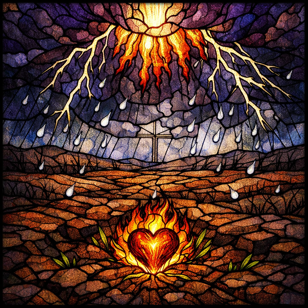 Stained glass showing a storm over barren land, with lightning and fire descending from dark clouds. Below, the earth is struck by hail, yet a small glowing ember in the ground begins to shine with new life.