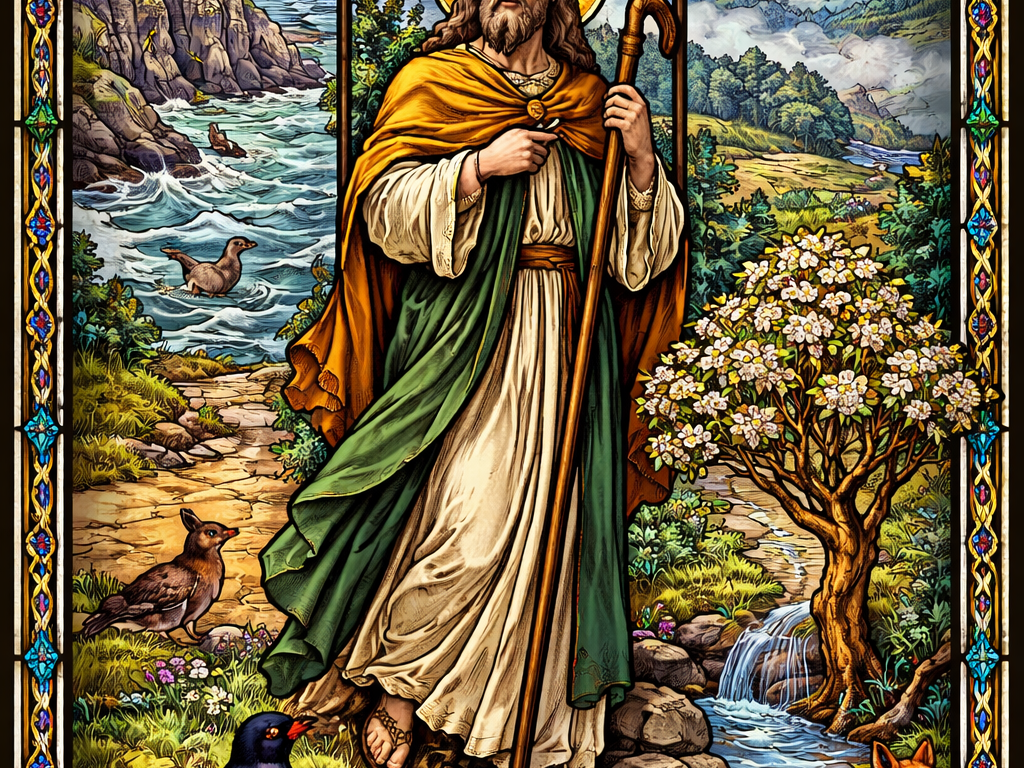 Stained glass of St Joseph of Arimathea journeying from Cornwall to Glastonbury with thorn tree and wildlife