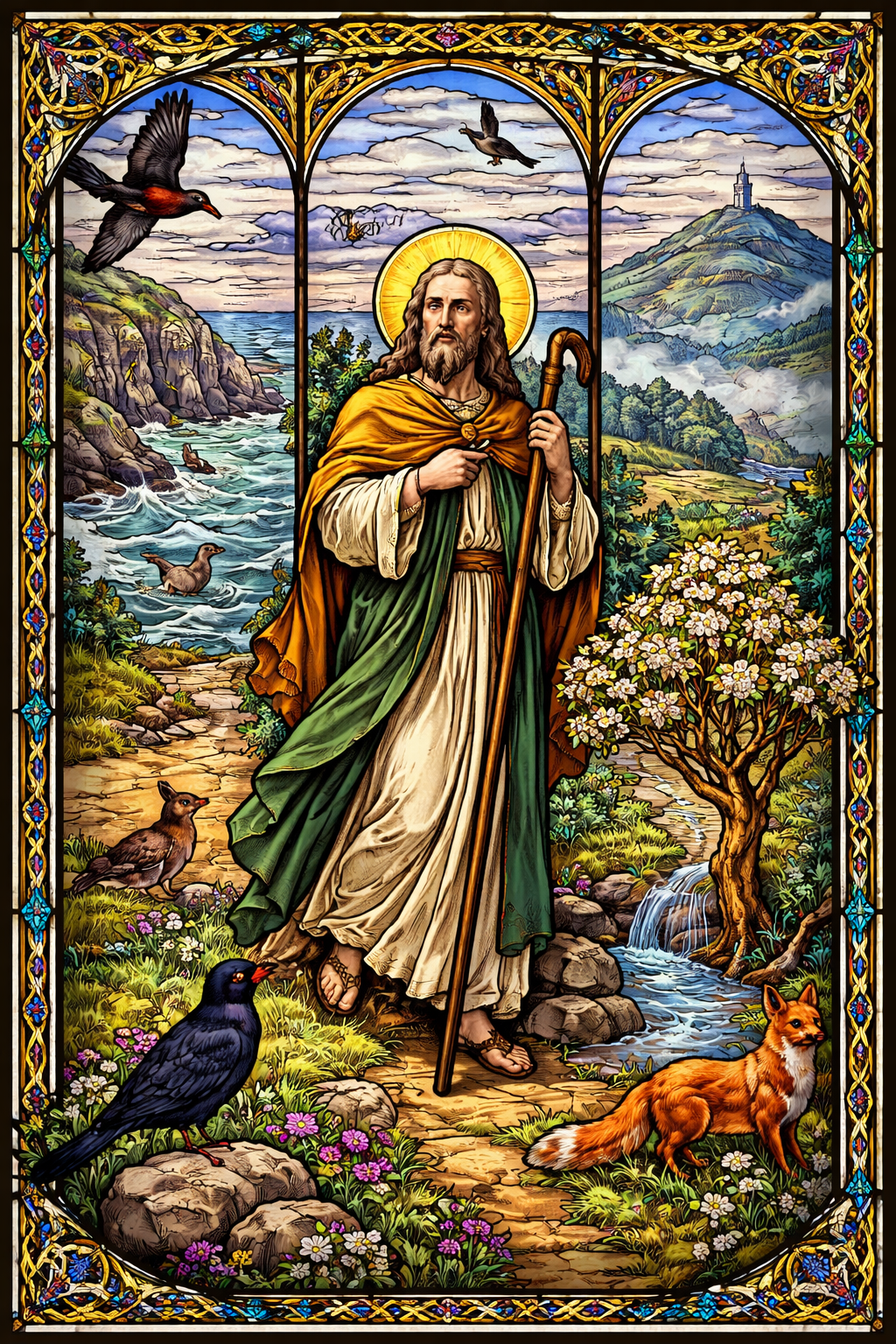 Stained glass of St Joseph of Arimathea journeying from Cornwall to Glastonbury with thorn tree and wildlife