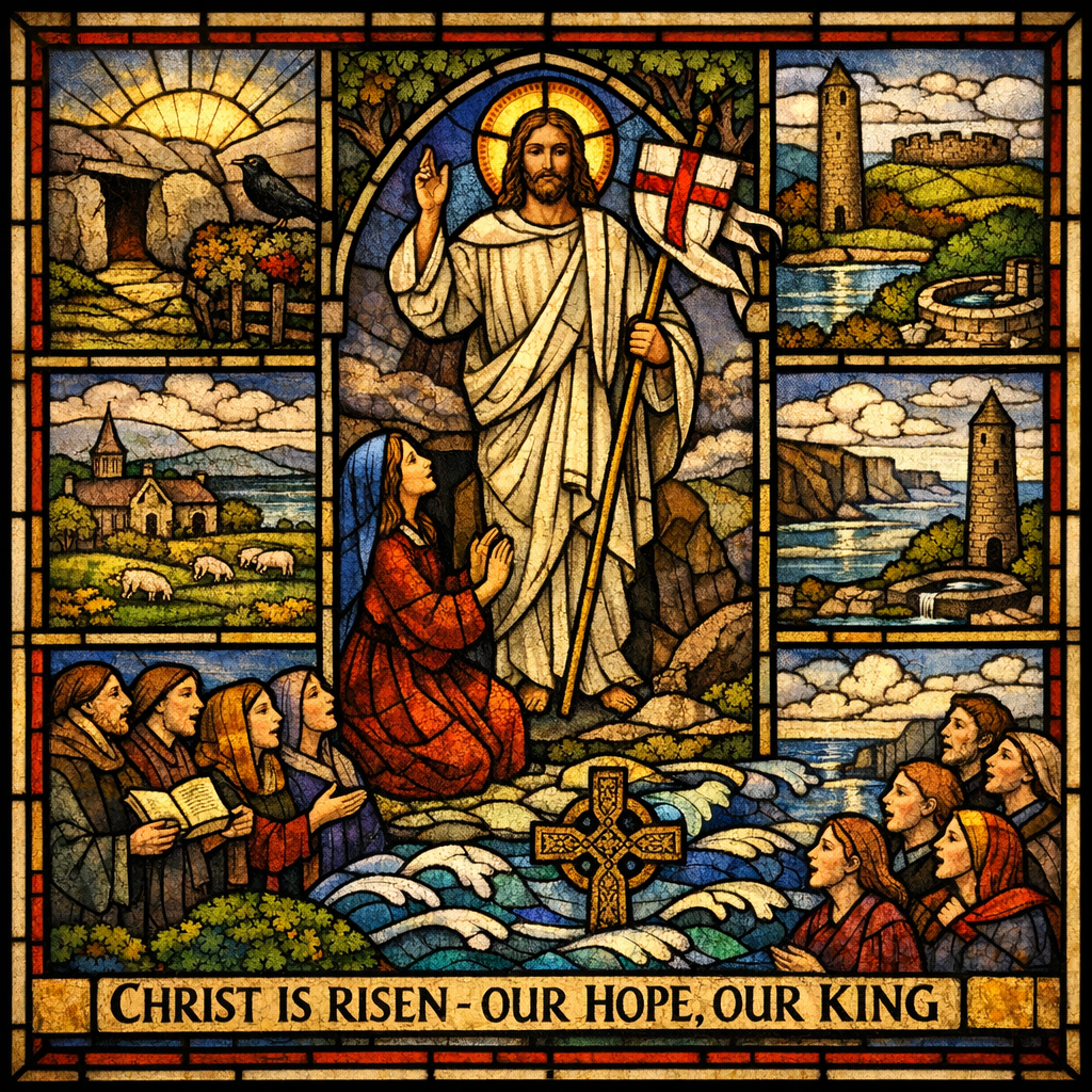 Square medieval-style stained glass window depicting the Resurrection: Christ stands risen with banner, Mary kneels below, surrounded by Irish landscapes—Shannon waters, round towers, cliffs, fields—and a blackbird by the empty tomb at dawn.