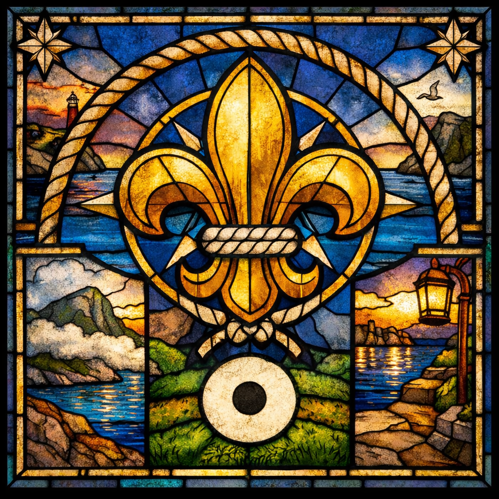 Square stained-glass style image featuring a large golden Scout fleur-de-lis at the centre, encircled by a rope and compass motif. Around it are coastal scenes with cliffs, sea, lighthouse, and harbour lantern at sunset. At the bottom centre is the Scout “Gone Home” tracking sign — a circle with a single dot in the middle — symbolising a scout’s final journey.