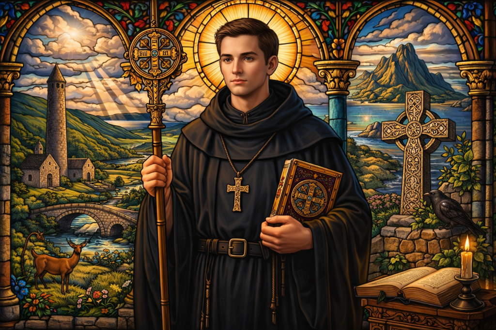 A stained-glass image of a youthful Saint Benedict in a black monastic habit, holding a staff and book, set against Irish landscapes with a round tower, Celtic cross, river, deer, and mountains, all framed in warm golden light.