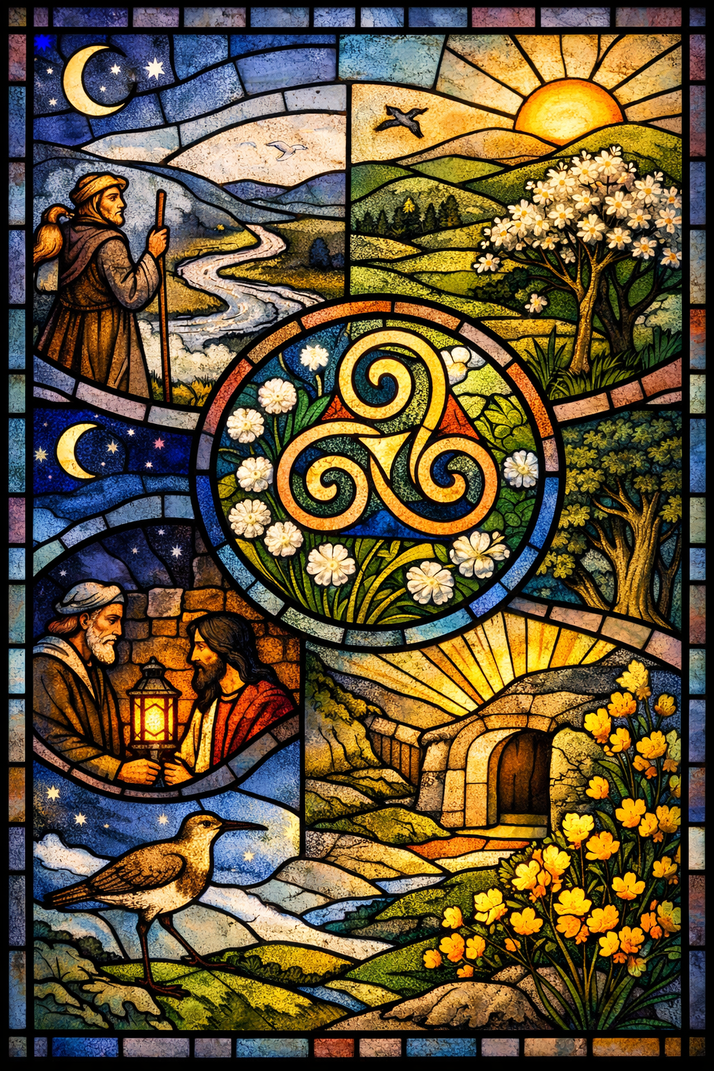 Celtic-style stained glass window with six panels: Abraham walking beside a winding river, sunrise over green hills, a central triskele symbol with flowers, Nicodemus meeting Jesus at night, a curlew in flight, and the empty tomb with yellow gorse in bloom, symbolising journey, new birth, and resurrection hope.