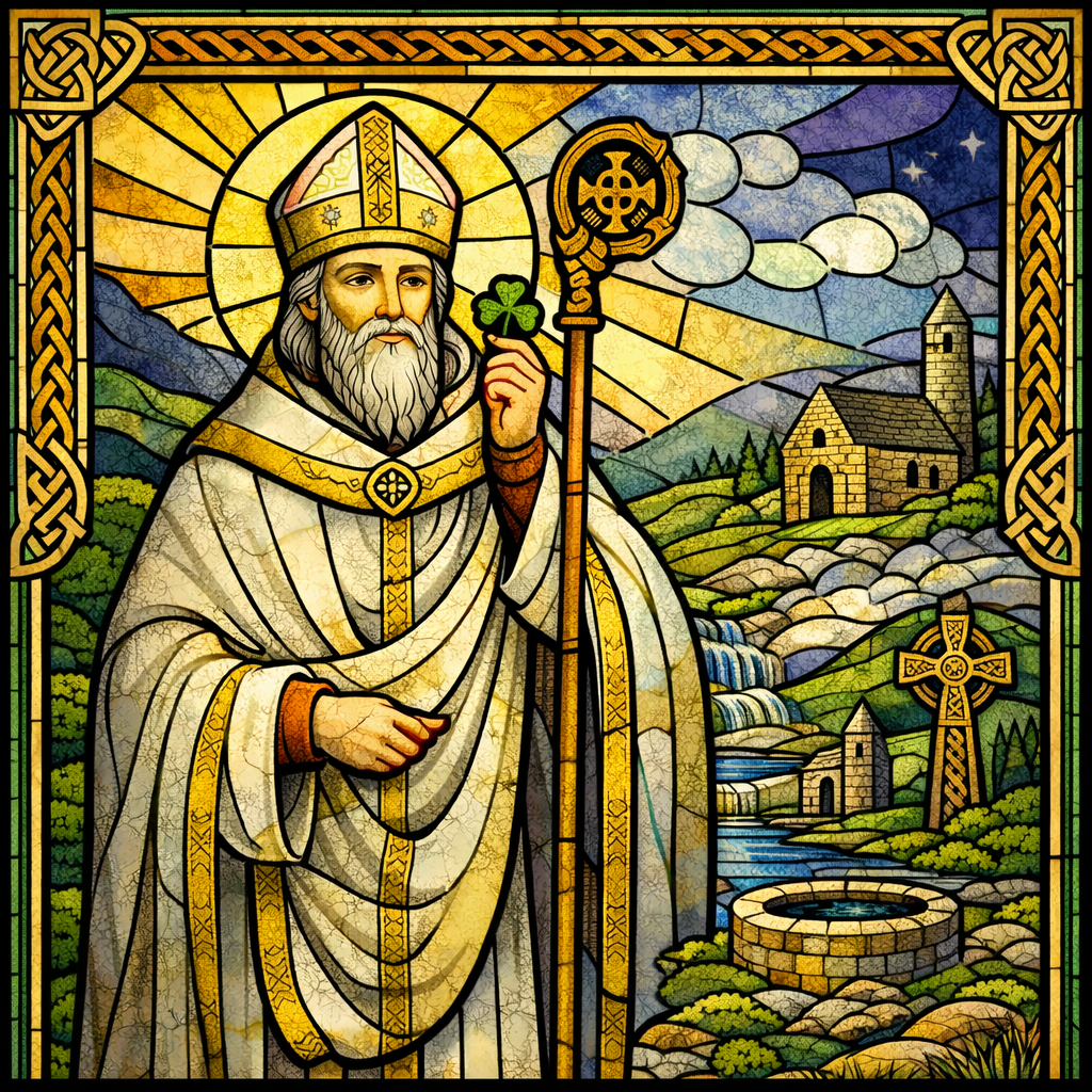 Celtic-style stained glass of Saint Patrick in white episcopal vestments standing before the green hills of Ireland, framed by Celtic knotwork.