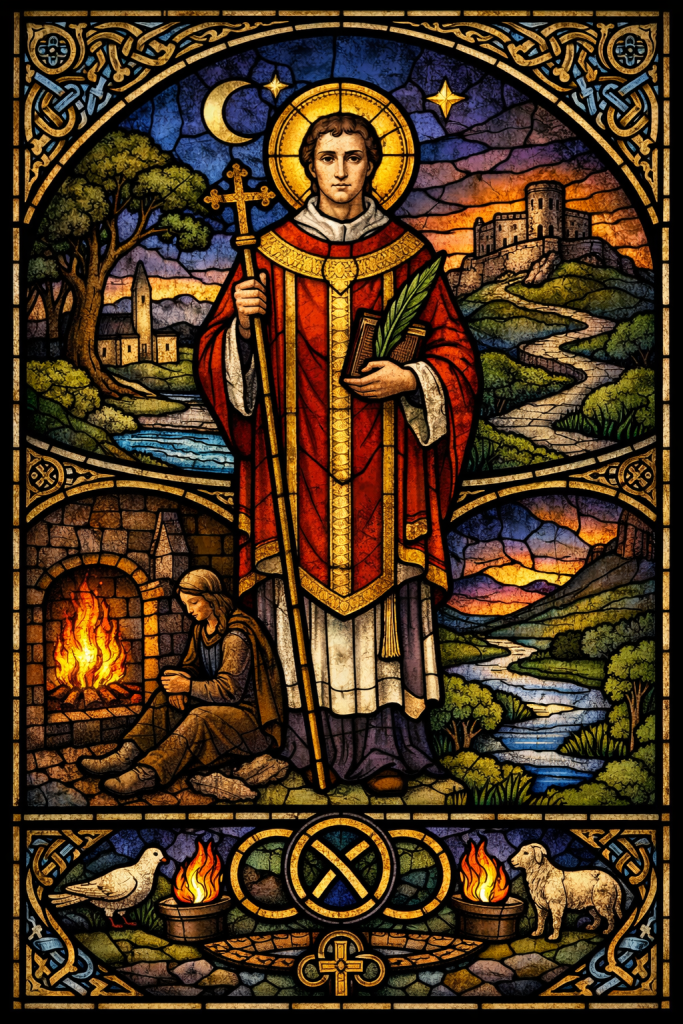 Stained glass of Saint Vincent as a deacon at dusk, with Celtic patterns, Brigid’s hearth, river and hills of Kildare in evening light