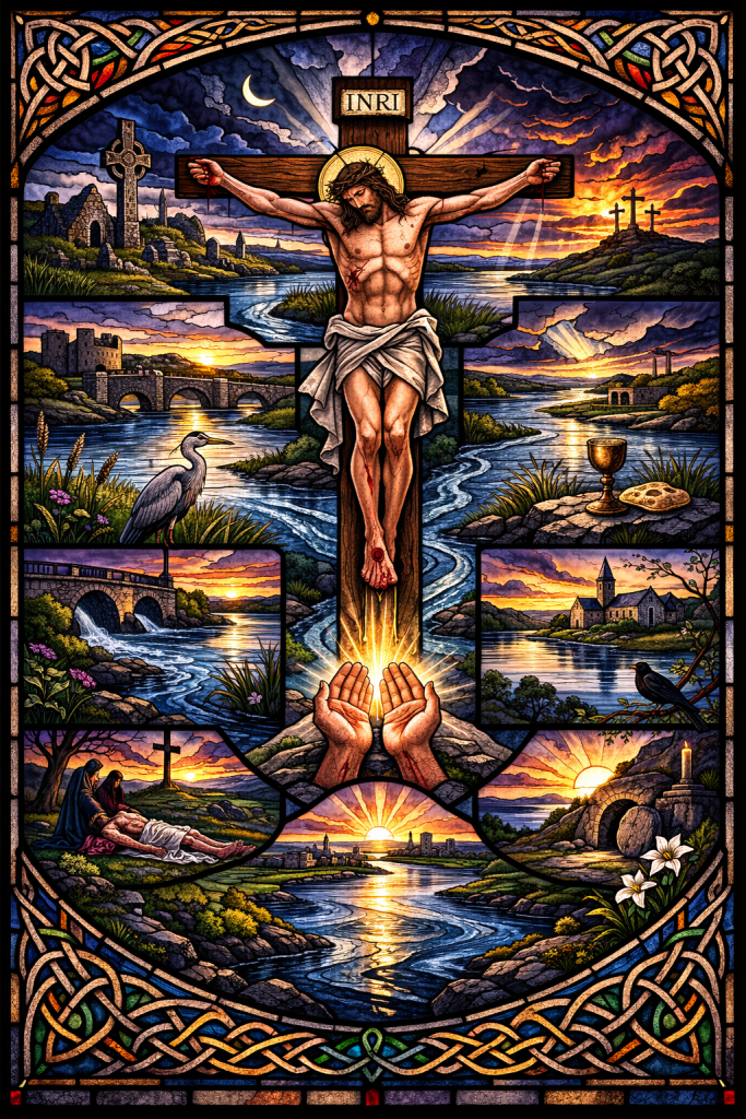 Stained glass crucifixion over the River Shannon, with heron, Irish churches, Celtic crosses and sunset.