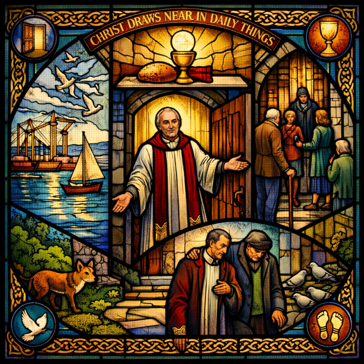 Stained glass showing a priest welcoming people at an open church door, with Belfast harbour, Eucharistic symbols, and scenes of pastoral care.