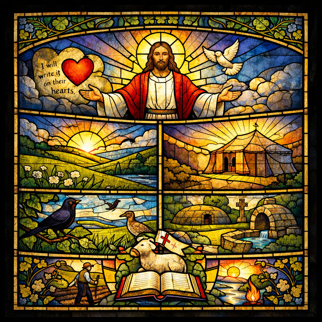 Stained glass of Christ and Irish landscapes symbolising the New Covenant written on the heart.