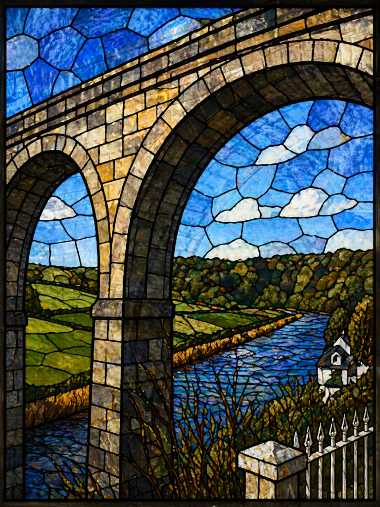 Stained glass depiction of Calstock viaduct, with a stone arch framing the River Tamar as it winds through green fields, trees, and a small riverside house beneath a bright blue sky.