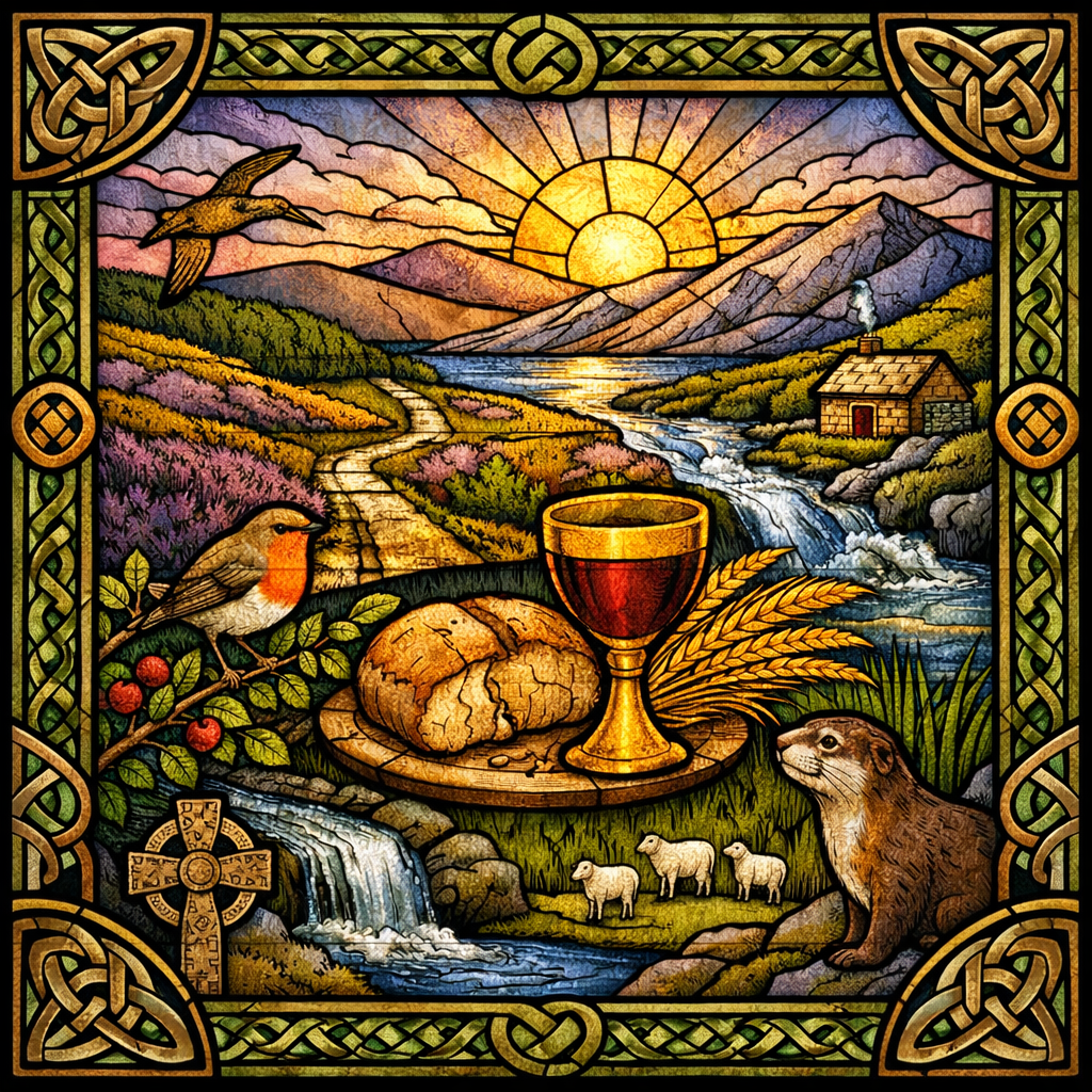 Square Celtic-style stained glass showing a chalice and bread in an Irish landscape with curlew, robin, otter, river, and rising sun framed by knotwork.