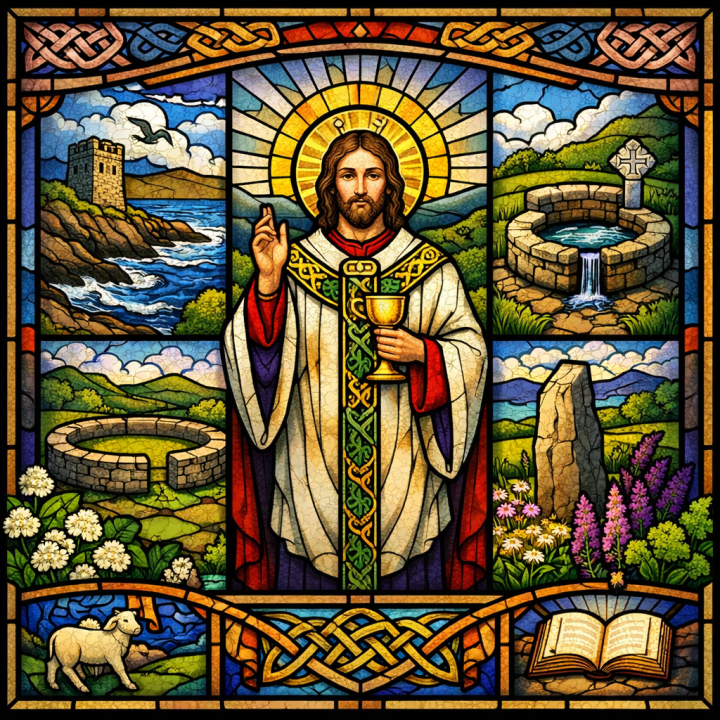 Stained glass of Christ the eternal priest with chalice, surrounded by Irish landscapes, ringfort, holy well, and standing stones.