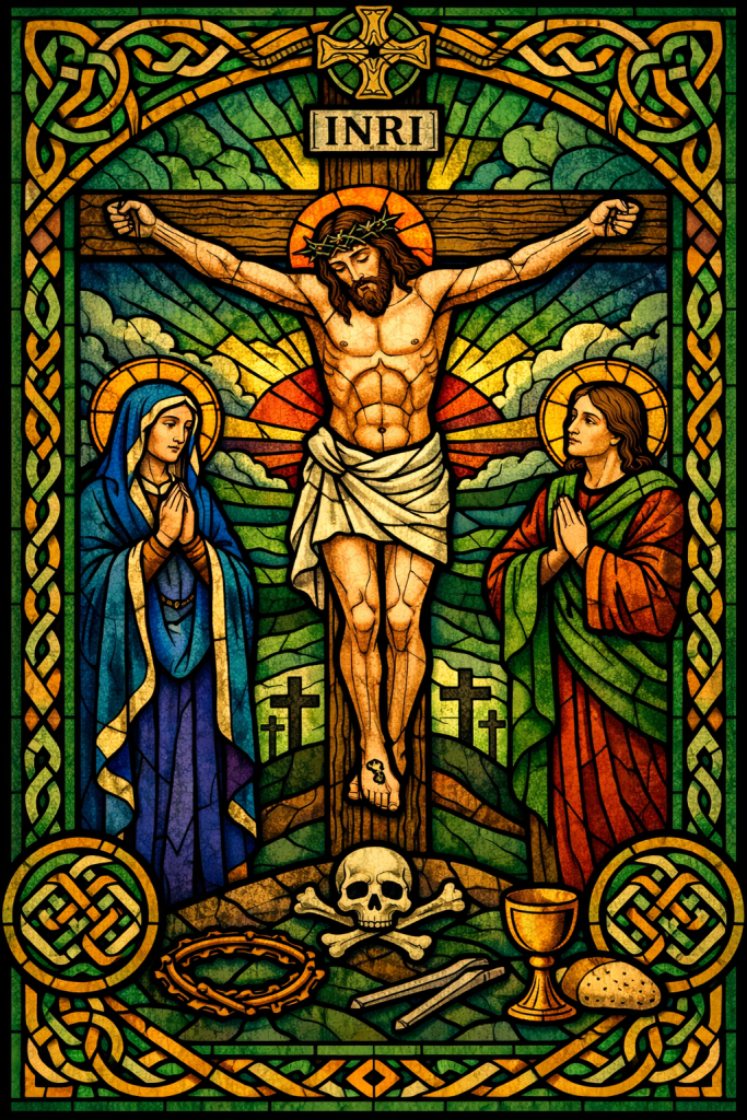 Square stained glass image of the Crucifixion in Celtic style: Christ on the cross at centre, with Mary and John in prayer on either side, surrounded by green, gold, and deep blue knotwork. A skull and bones lie at the foot of the cross, with a crown of thorns, nails, chalice, and bread below; radiating light and intricate interlace fill the background