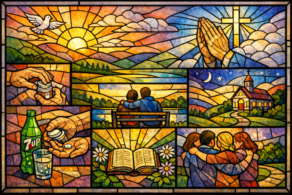 Stained-glass scene of a peaceful morning: sunrise over hills, praying hands and a cross, hands opening a medicine bottle with a tablet beside a glass of 7UP, and friends embracing—symbolising gratitude, care, and life sustained through daily treatment.