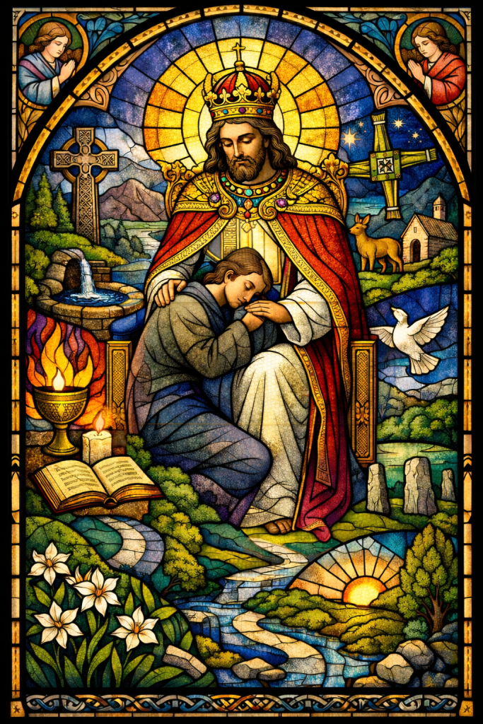 Stained glass image of Christ the High King seated on a throne, crowned and robed, gently holding a kneeling figure without a halo; Irish landscape with holy well, Celtic crosses, dove, and rising light surrounds them.