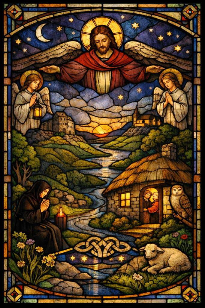 Stained glass of Christ sheltering night prayer: monk in black habit, angels, Irish landscape at dusk.