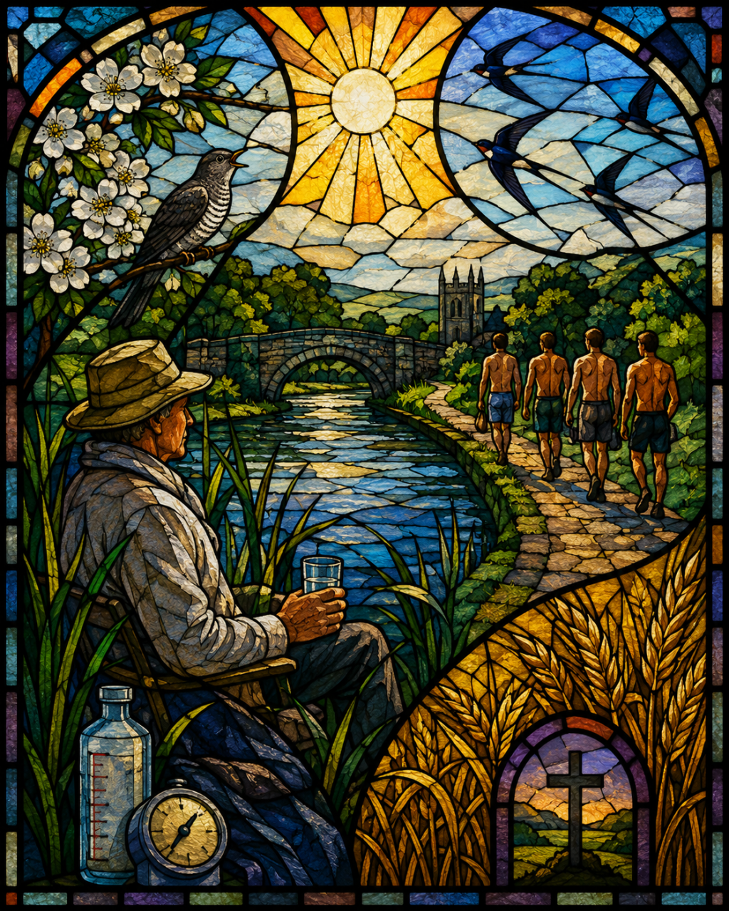 Stained-glass summer scene with river, swallows, hawthorn, faith, and a heat-weary pilgrim in the Irish sunshine.