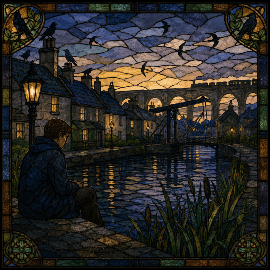 Square stained-glass style image of a quiet evening canal scene. A solitary figure sits on the stone bank in the foreground, looking toward dark water reflecting lamplight. Reeds grow at the edge, houses with lit windows line the canal, and rooks perch on rooftops while swallows fly across the dusk sky. A drawbridge spans the canal, and a viaduct with a passing train rises in the background, all rendered in rich blue, gold, and purple stained-glass tones.