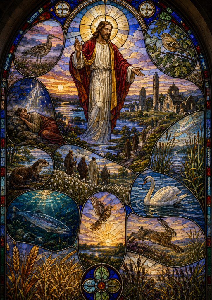 Stained-glass Christ over the Shannon, with monks, birds, and wildlife by Clonmacnoise.