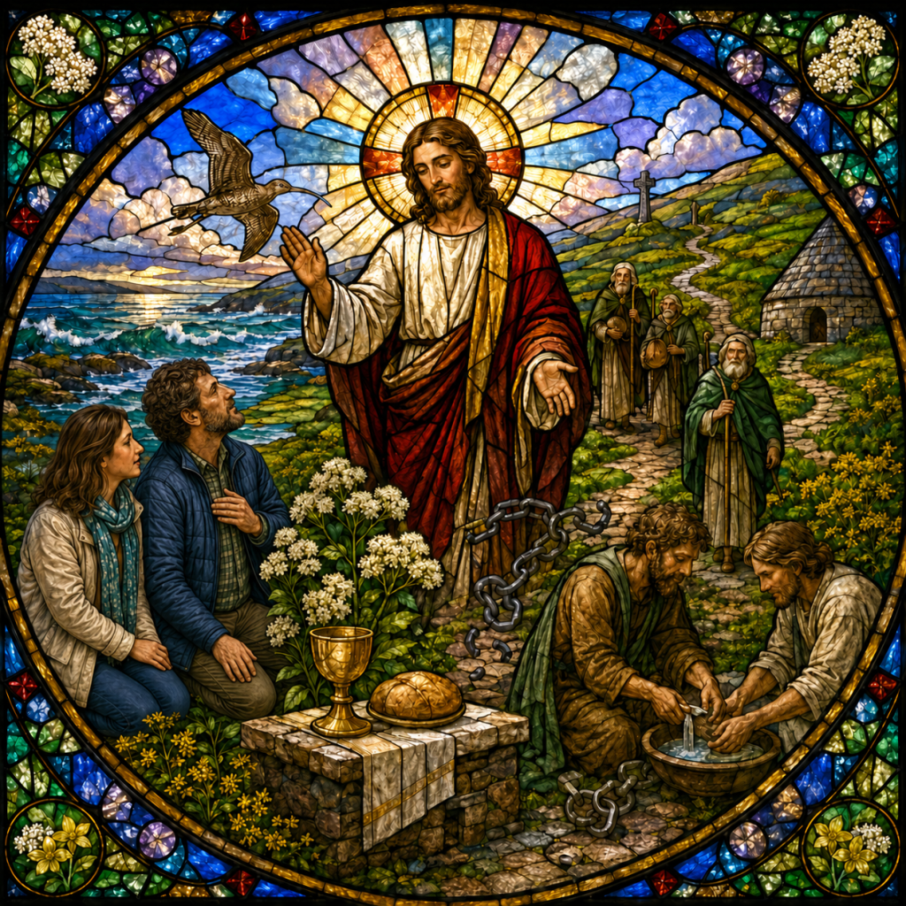 A stained-glass scene of Christ blessing and healing beside the Irish coast, with a modern-dressed couple kneeling nearby. Bread and a golden chalice rest on a stone altar among white meadowsweet and yellow wildflowers, while broken chains symbolise freedom. Pilgrims follow a winding path through green hills towards a stone cross and monastic hut, as a curlew flies over the Atlantic.