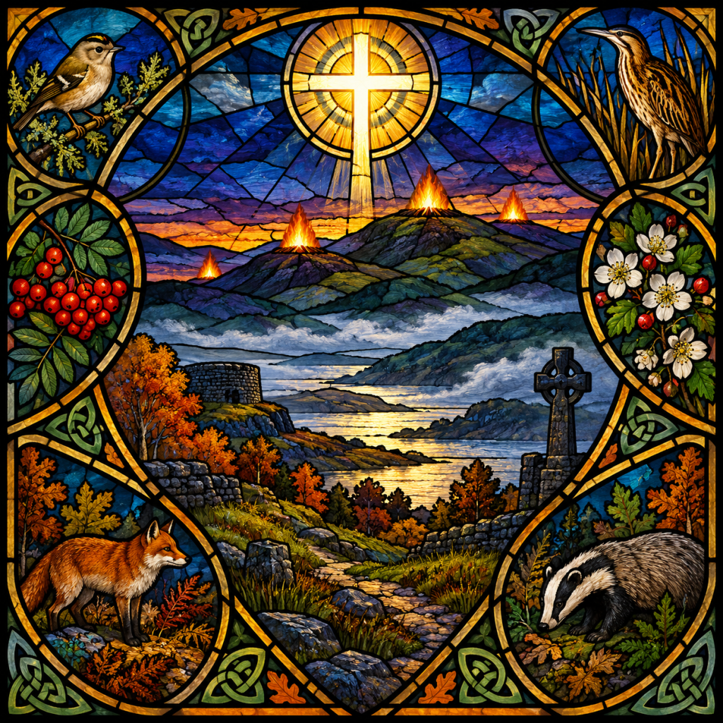 Square stained-glass illustration of an Irish autumn landscape at dusk. A radiant golden cross shines above mist-covered hills with glowing hilltop fires. A winding path leads towards a lake, ancient stone ruins and a Celtic cross. Decorative panels depict a goldcrest, bittern, fox, badger, scarlet rowan berries and white hawthorn blossoms. Rich blues, purples, greens and autumn golds evoke the mystery of All Hallows' Eve and Christ's enduring light.